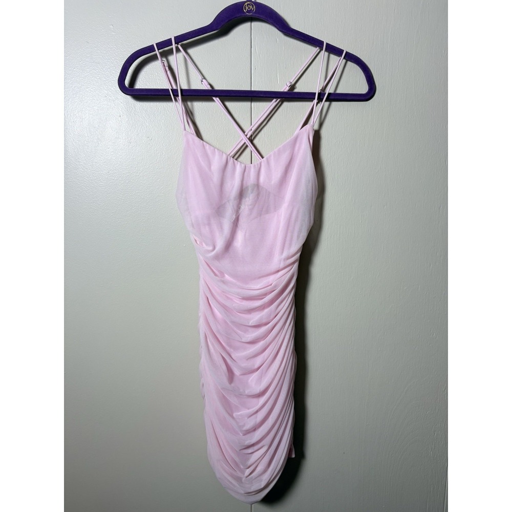 Lucy in the Sky Pink Ruched Bodycon Mini Dress Strappy S Coquette Y2K Ballet